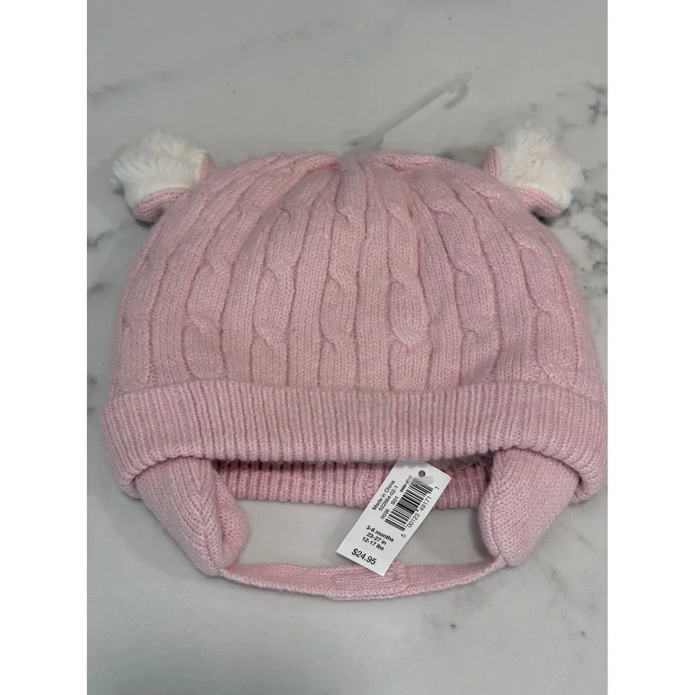 Gap Baby Pink Cable Knit Bear Ear Beanie Sherpa Lined Hat 3-6 Months 522664-02-1